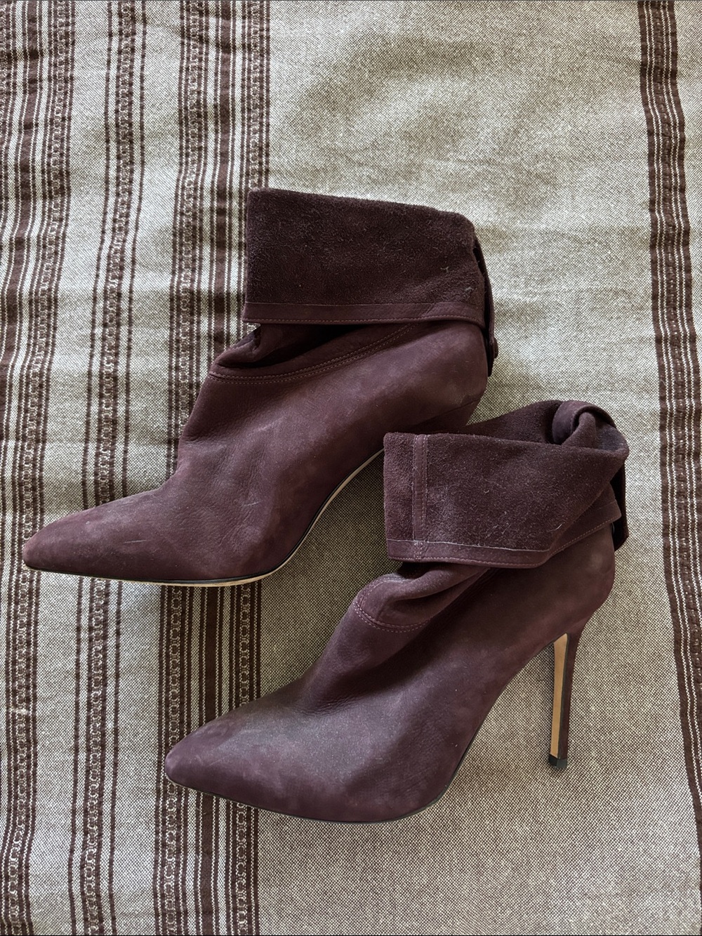 Brian Atwood Plum Suede Fold-Over Stiletto Ankle Boots